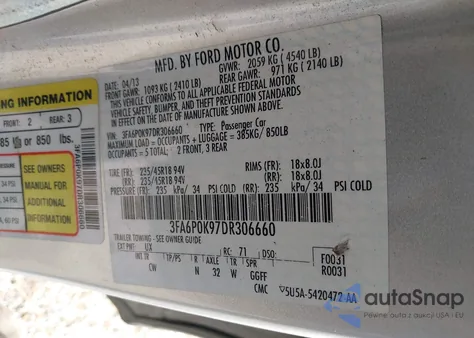 2013 Ford Fusion Titanium из США, поврежденный, VIN 3FA6P0K97DR306660